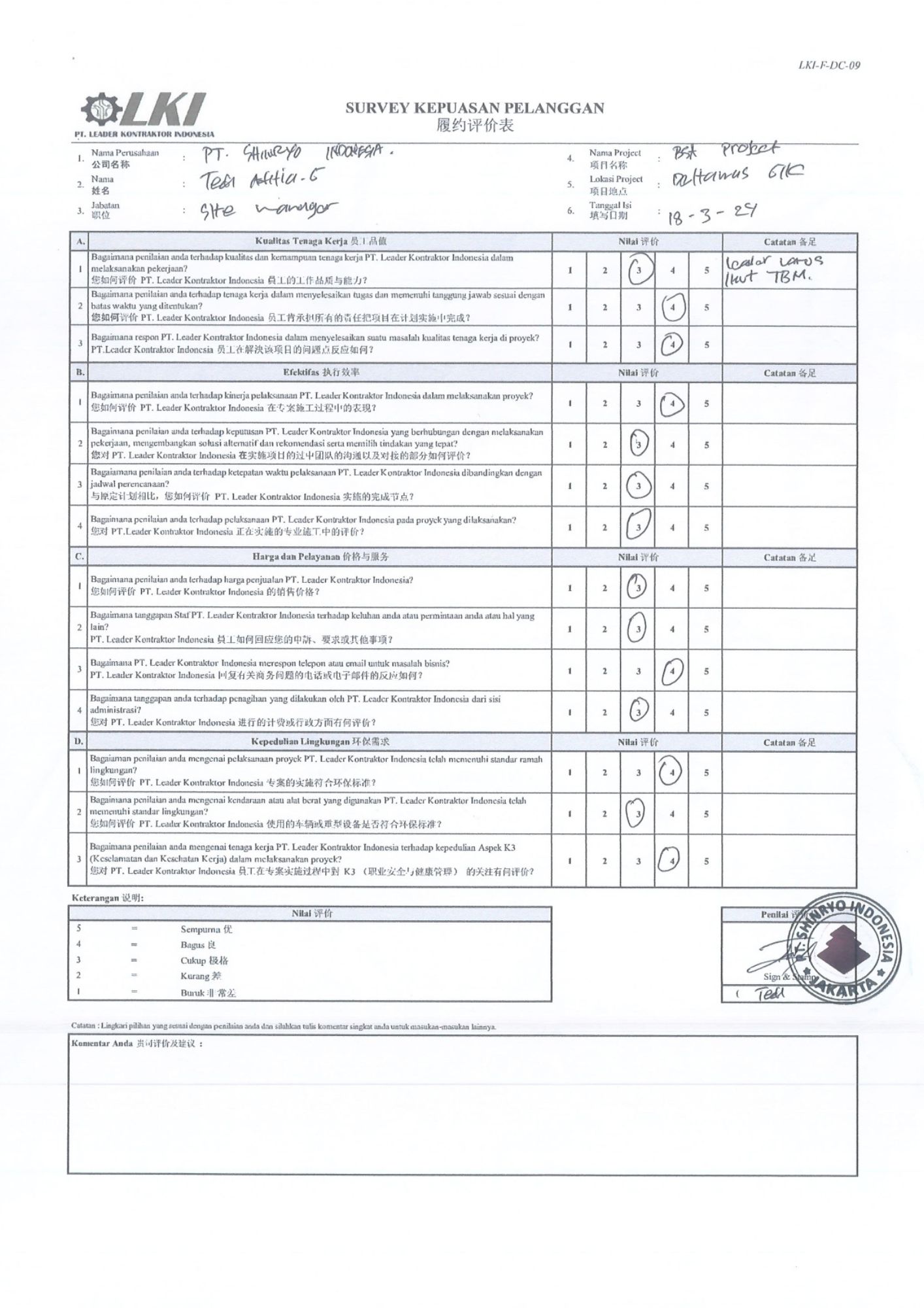 Survey Kepuasan pelanggan PT Shinryo - PT Leader Kontraktor Indonesia
